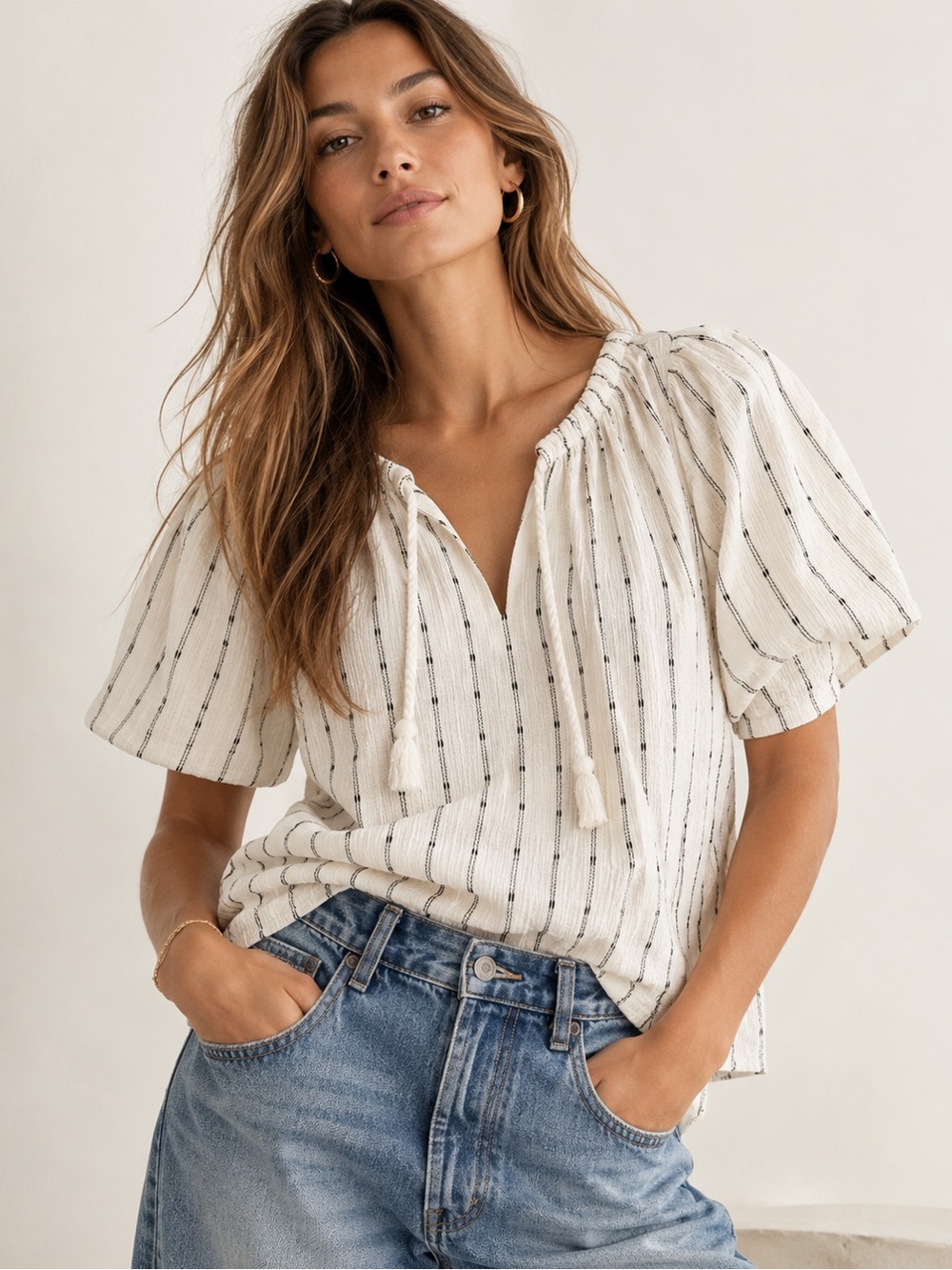 Madewell Cream Black Stripe Puff Sleeve Peasant Top Relaxed Fit XS